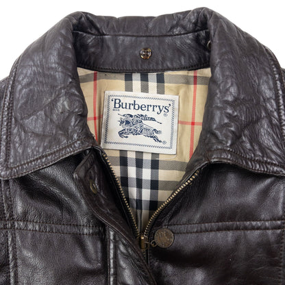 Vintage 80s Burberry Nova Check Lined Leather Jacket Womens Size XL | XL, Brown
