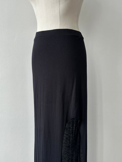 Helmut Lang 2000s side split maxi skirt in black, flowing fabric with high slit, displayed on a mannequin.