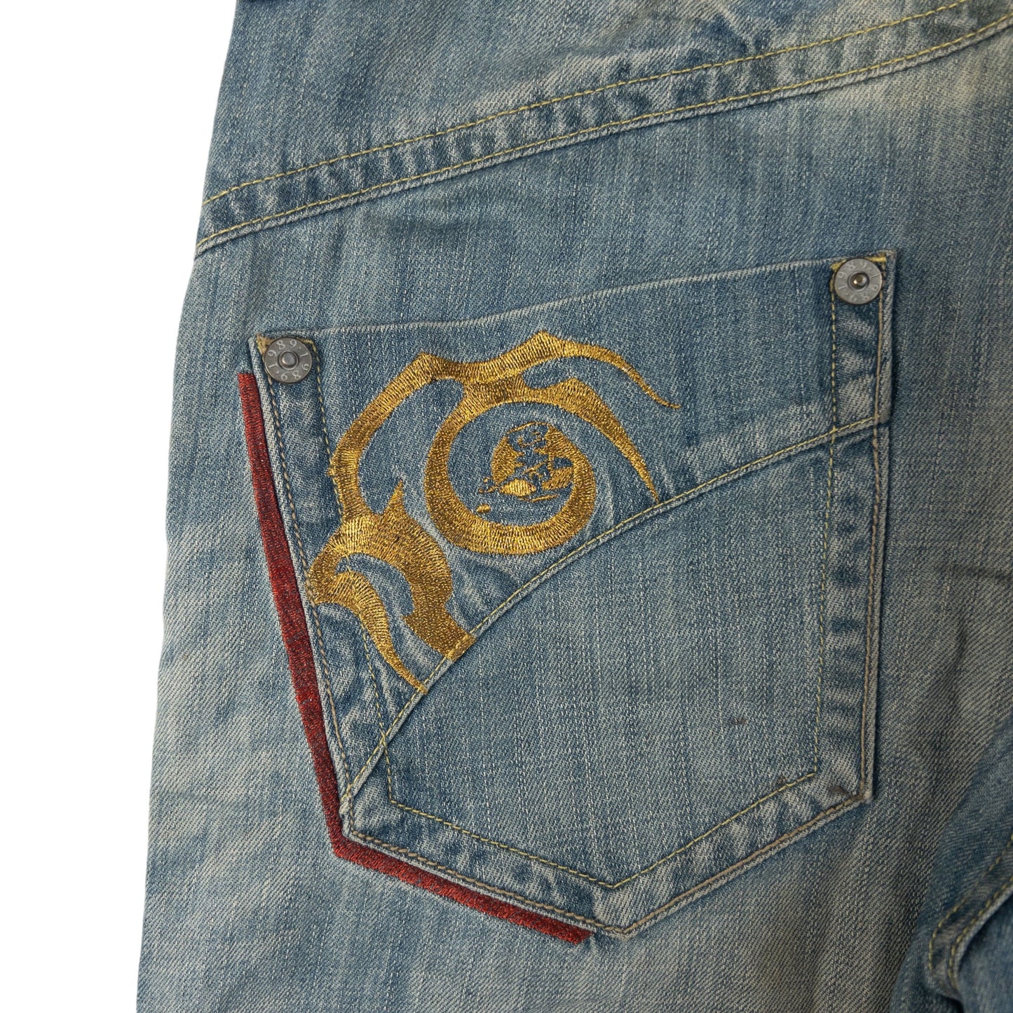 Vintage Big Train Embroidered Tribal Tiger Japanese Denim Jeans Size W35