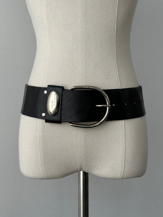 French Vintage 1990s Leather Chunky Belt - W23-28