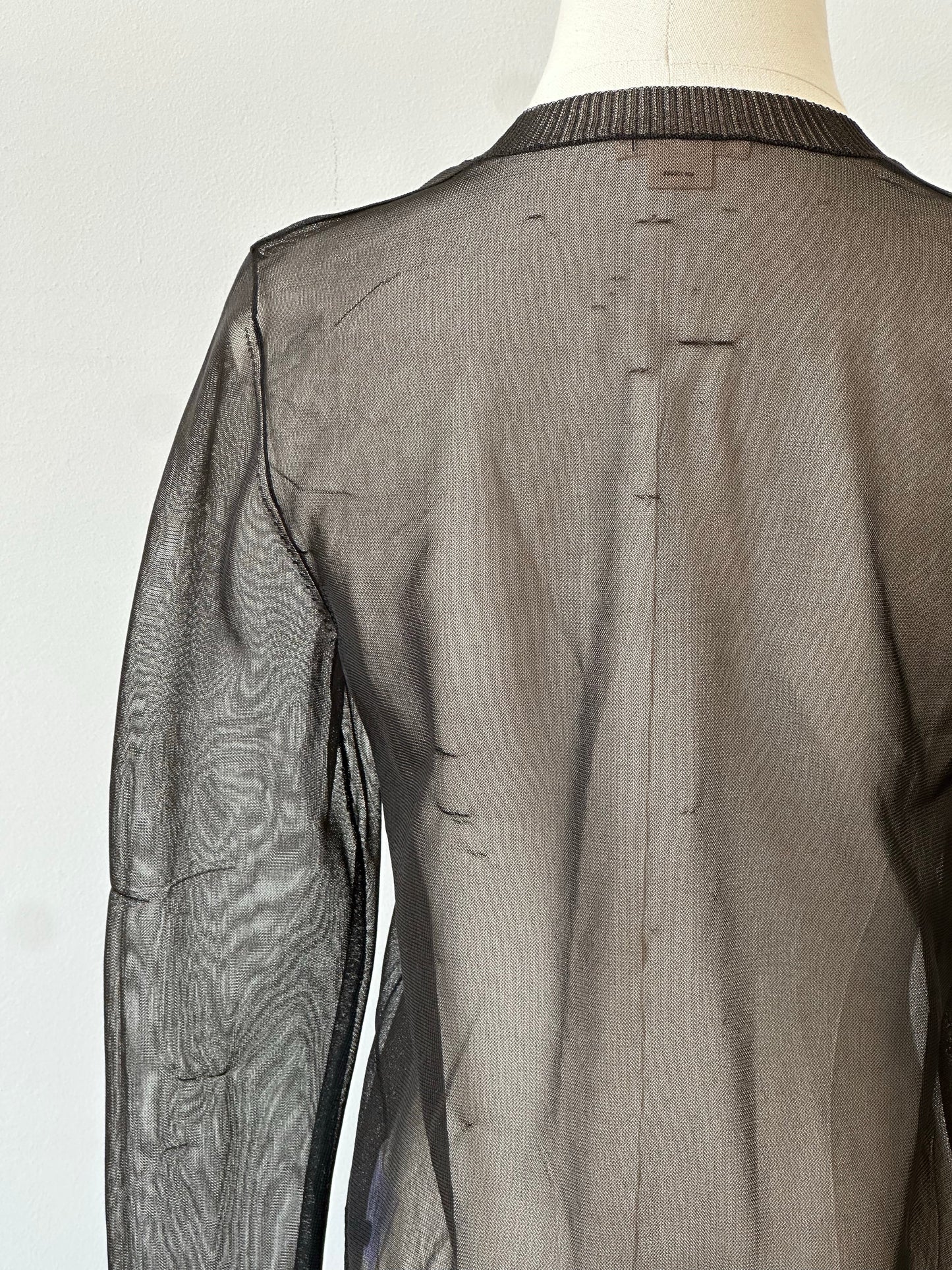 DKNY Jeans 1990s sheer knit cardigan in size S, featuring lightweight, transparent fabric with a relaxed fit and classic design.