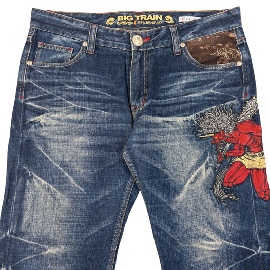Vintage Big Train Embroidered Patchwork Japanese Denim Jeans Size W35 | W35, Blue