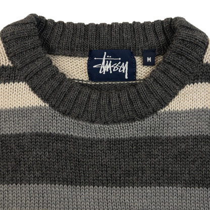 Vintage 2000s Stussy Striped Wool Knit Jumper Size M | Medium, Grey