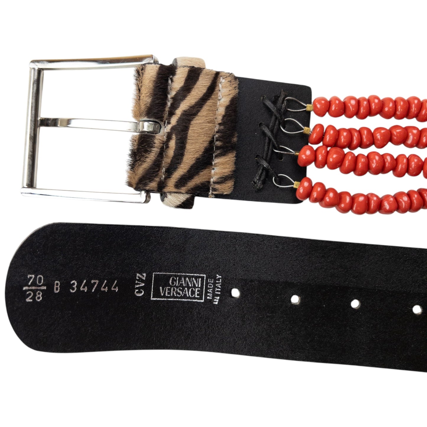 Vintage 90s Gianni Versace Beaded Zebra Striped Pony Hair Belt Size S | O/S, Tan, Black, Red