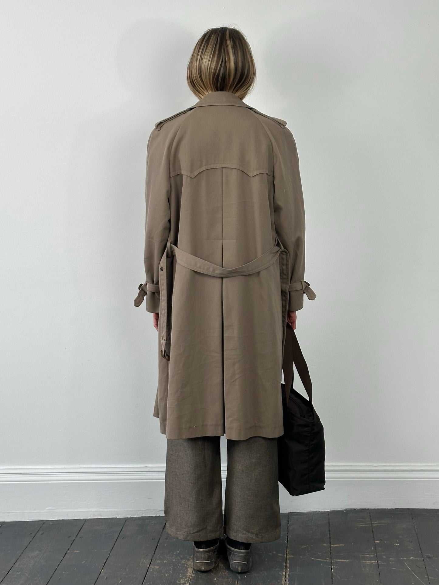 London Fog 1980s Wool Double Breasted Belted Trench Coat - L