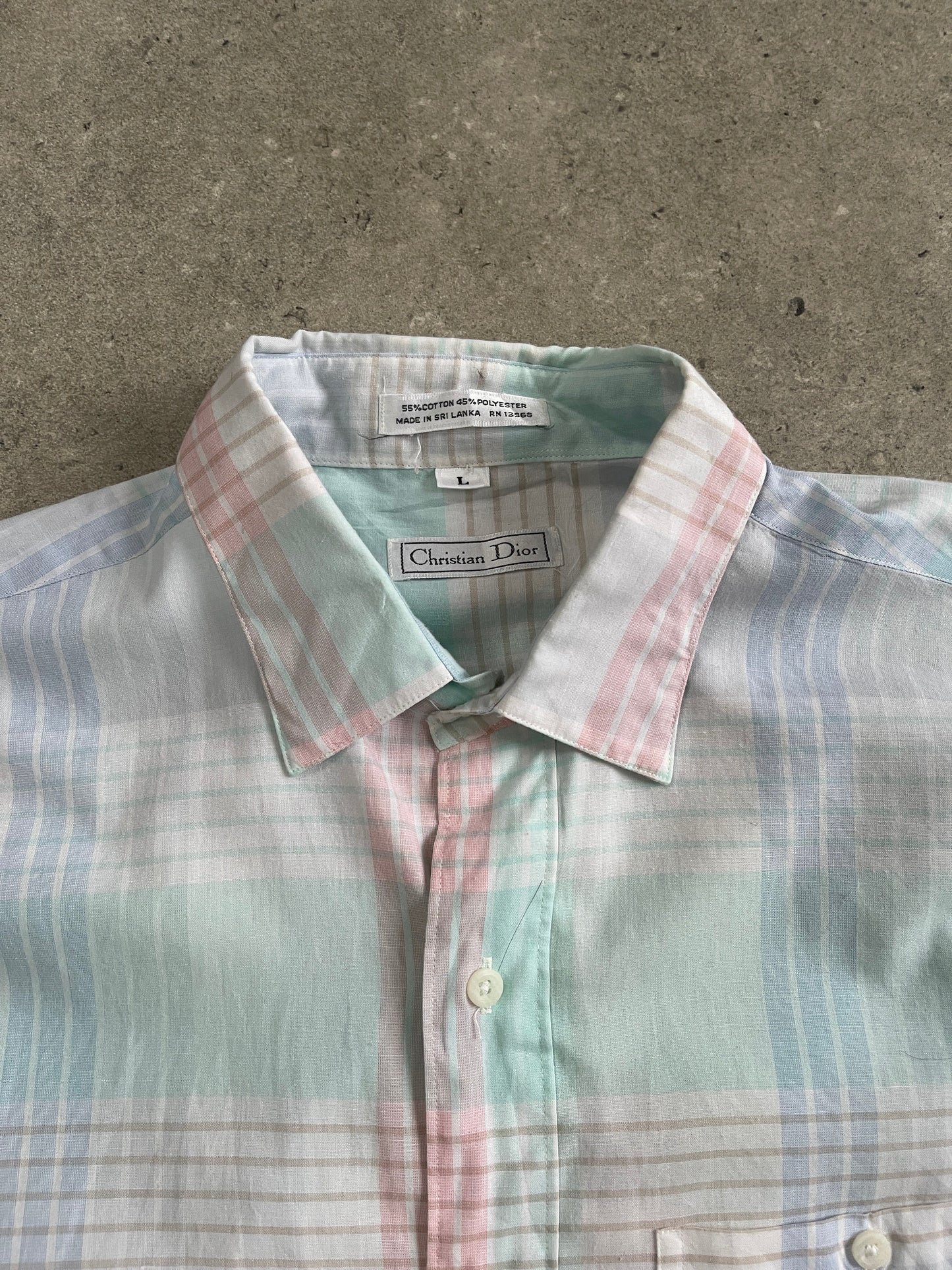 Christian Dior 1990s cotton short sleeve shirt in size M, showcasing classic design and lightweight fabric, front view.