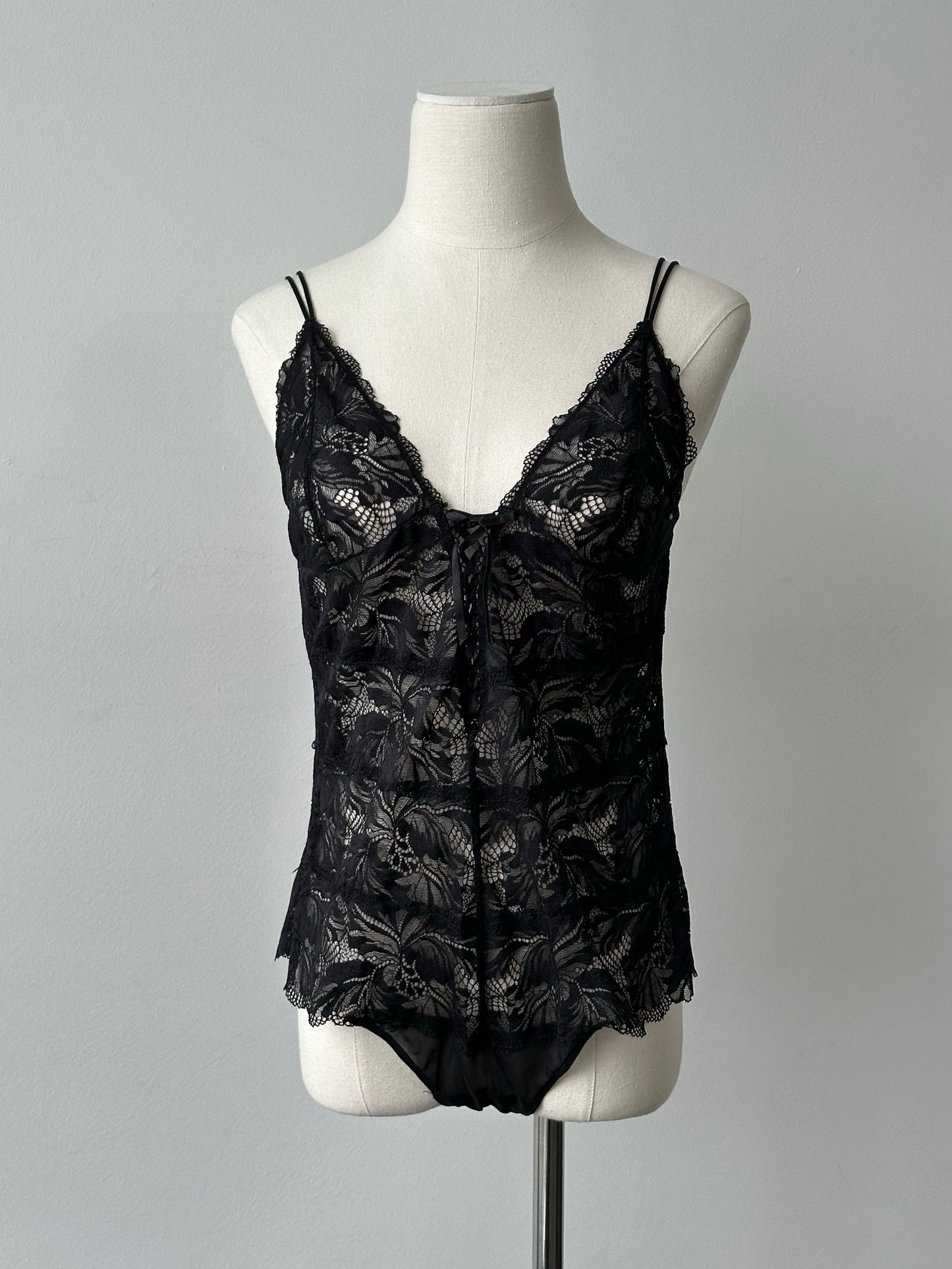 Vintage 1990s Sheer Lace Up Bodysuit - M