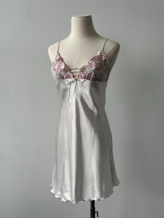 Vintage 2000s Satin Floral Lace Mini Slip Dress - XS