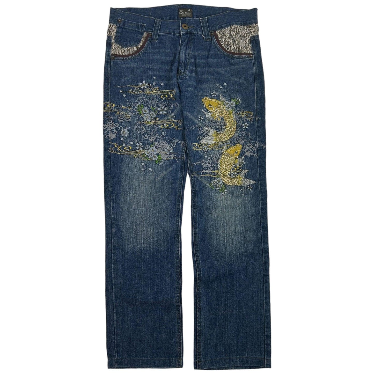 Vintage Koi Fish Japanese Denim Jeans Size W34 - Known Source