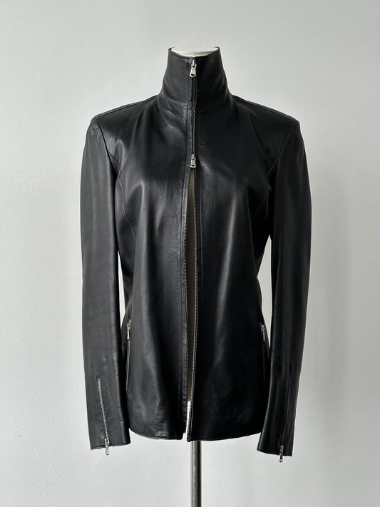 Vintage 1990s High Neck Double Zip Leather Jacket - S