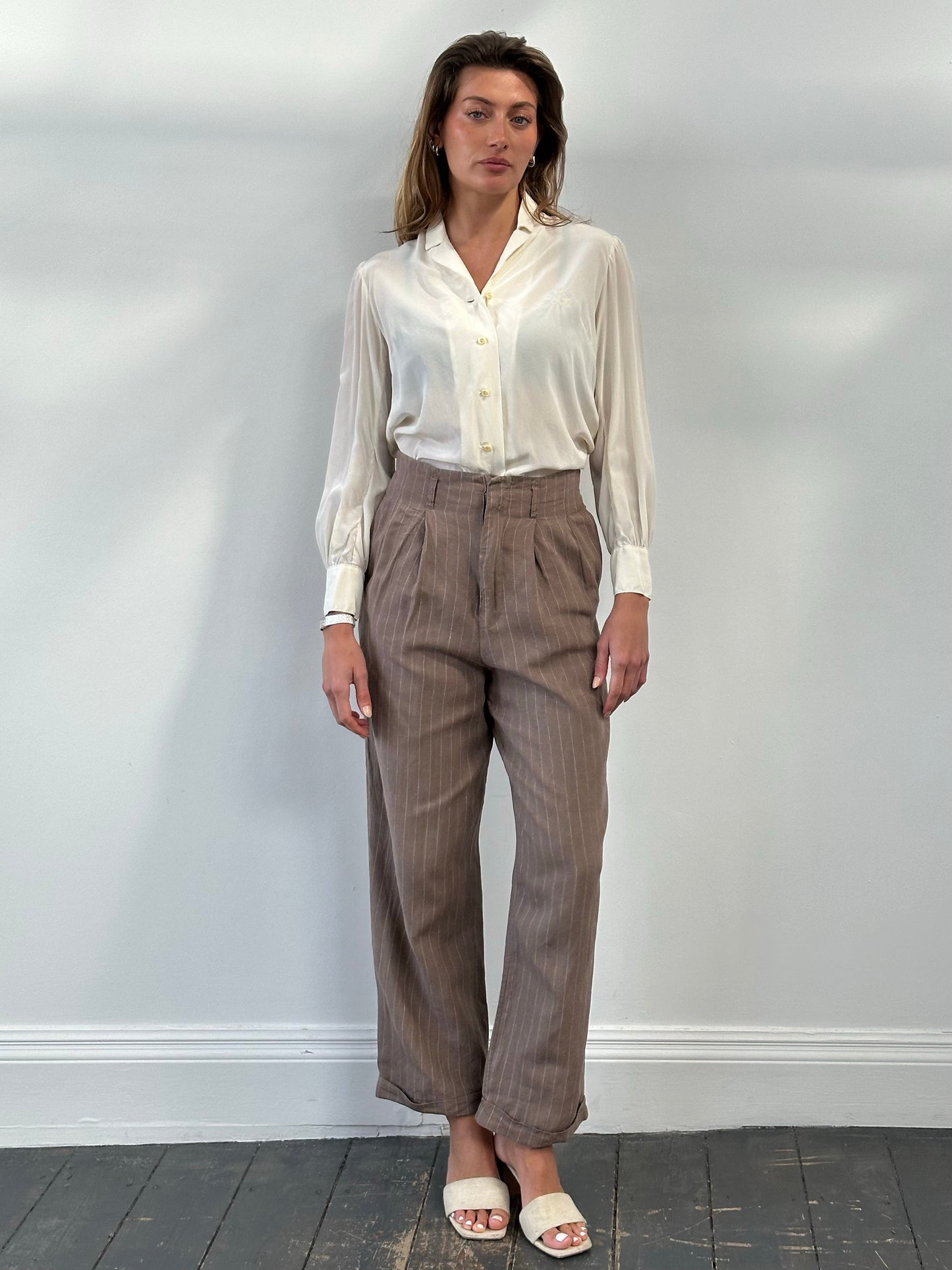 Jigsaw 1990s Pure Linen Striped Wide Leg Trousers - W27
