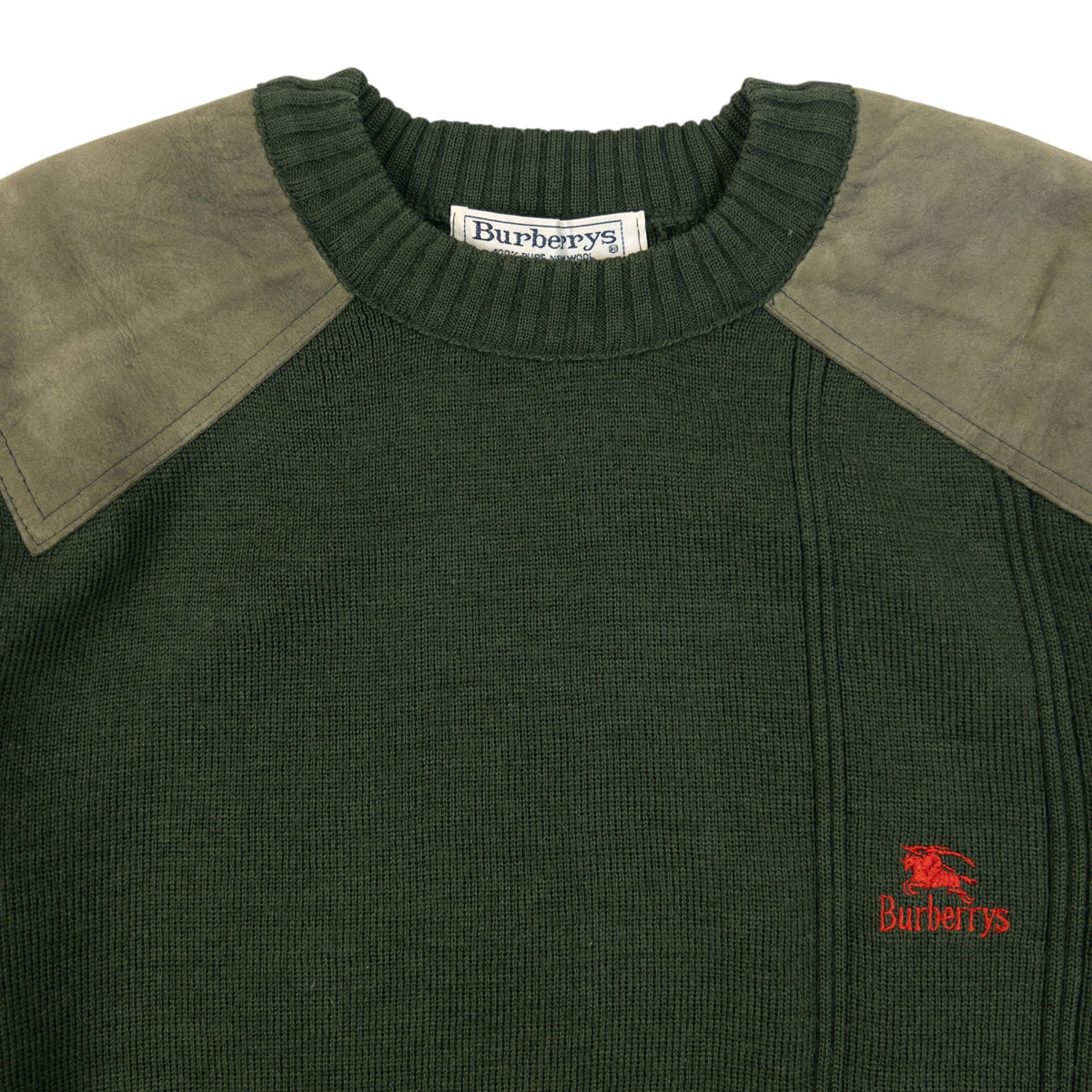 Vintage 90s Burberry Suede Patch Wool Jumper Size M | Medium, Green