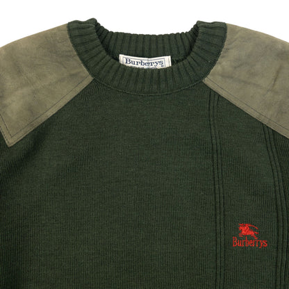 Vintage 90s Burberry Suede Patch Wool Jumper Size M | Medium, Green