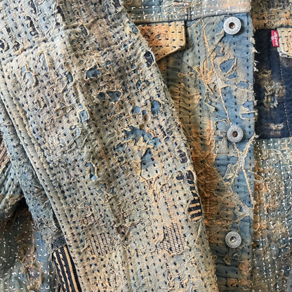 Boro Sashiko Distressed Denim Trucker Jacket - XL