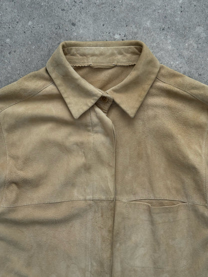 Marella 1990s suede minimal shirt in beige, long sleeve, classic collar, and button-up front displayed on a hanger.