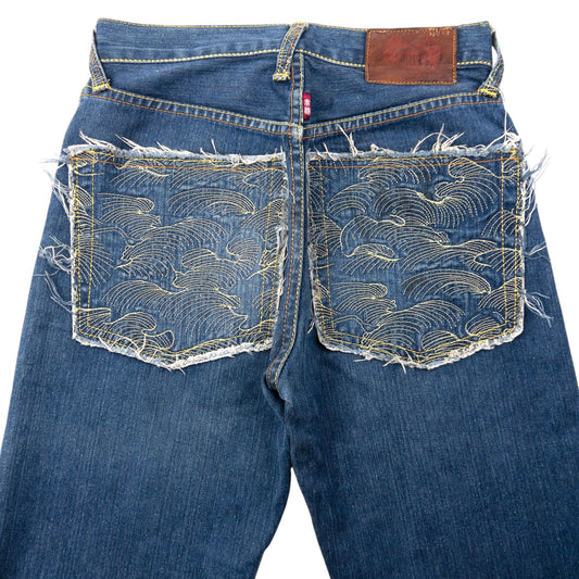 Vintage 90s RMC Red Monkey Company Embroidered Wave Japanese Denim Jeans Size W27