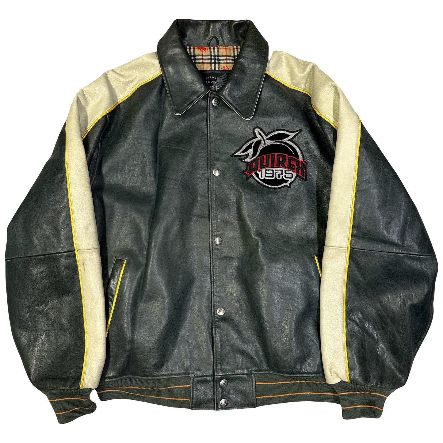 ARCHIVE Avirex Atlanta Leather Jacket In Dark Green & Cream - Bootleg ( XL )