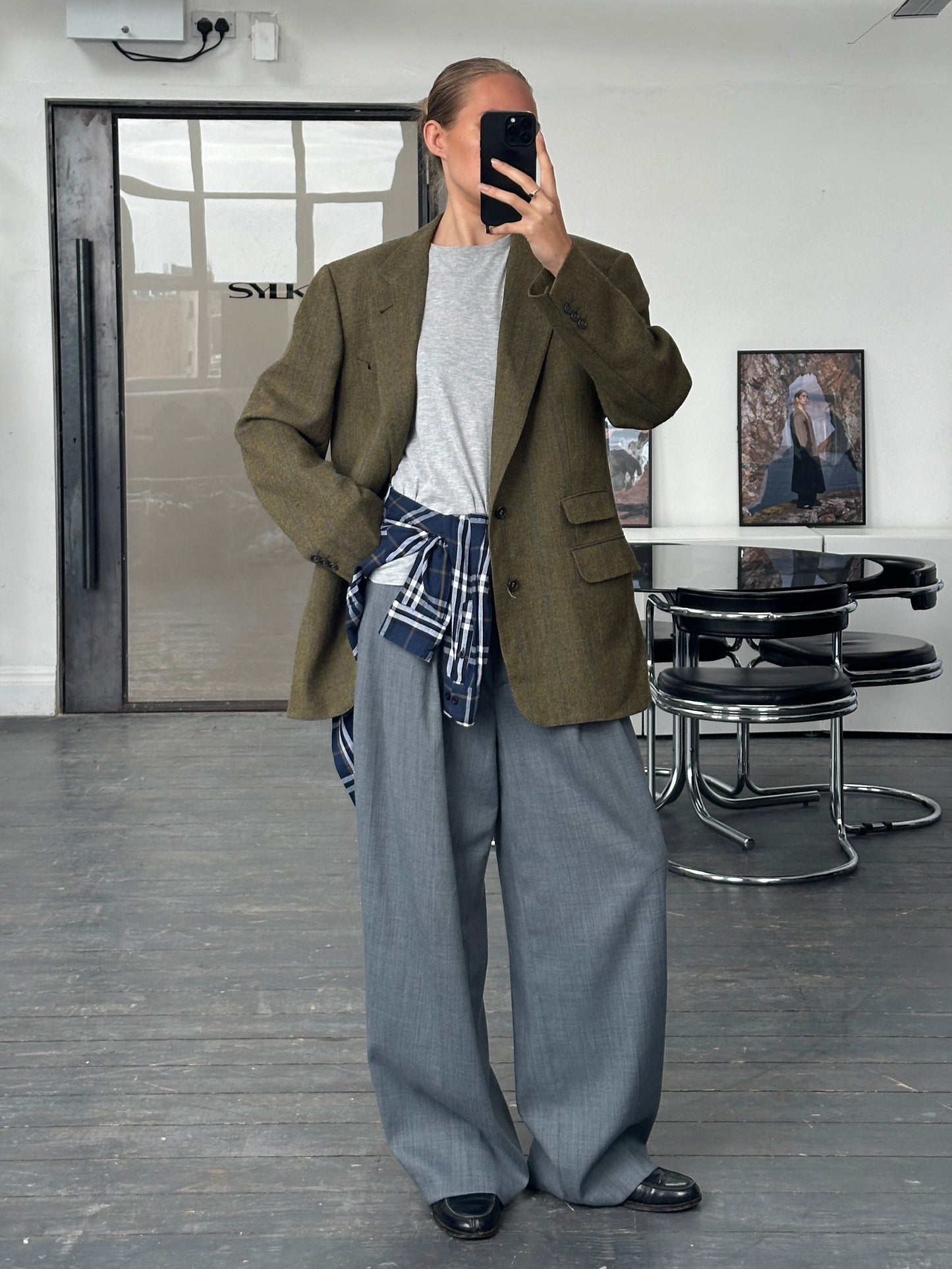 Burberry 1980s Tweed Check Alpaca Wool Single Breasted Check Blazer - 42R/L