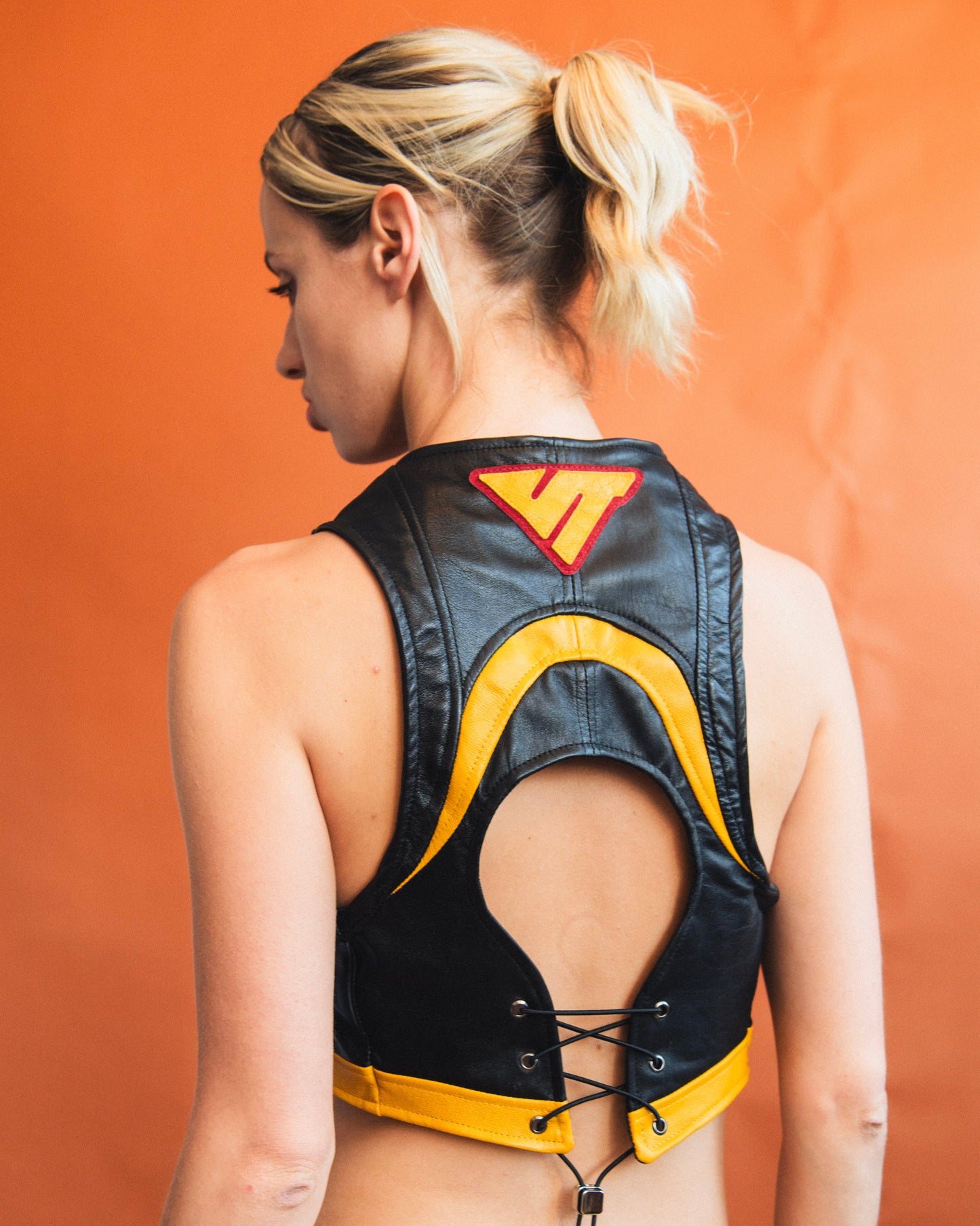 VT Rework : Porsche Corset Back Leather Gilet | Small, Multicoloured