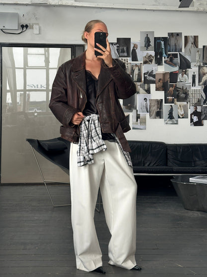 Vintage 1980s Distressed Leather Biker Jacket - L/XL