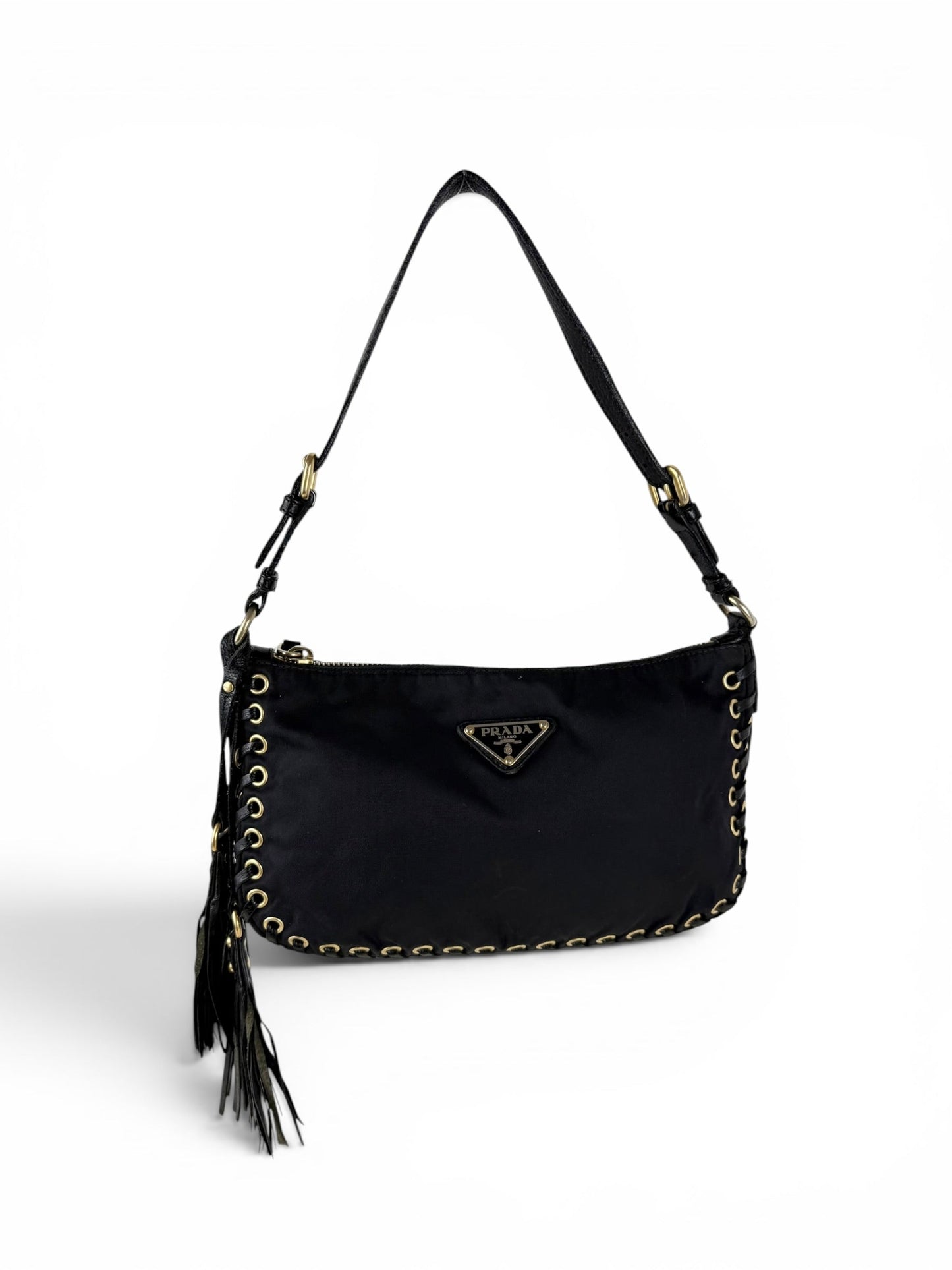2000s RARE Prada Nylon Grommet Stitch Shoulder Bag | O/S, Black