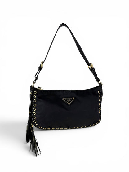 2000s RARE Prada Nylon Grommet Stitch Shoulder Bag | O/S, Black