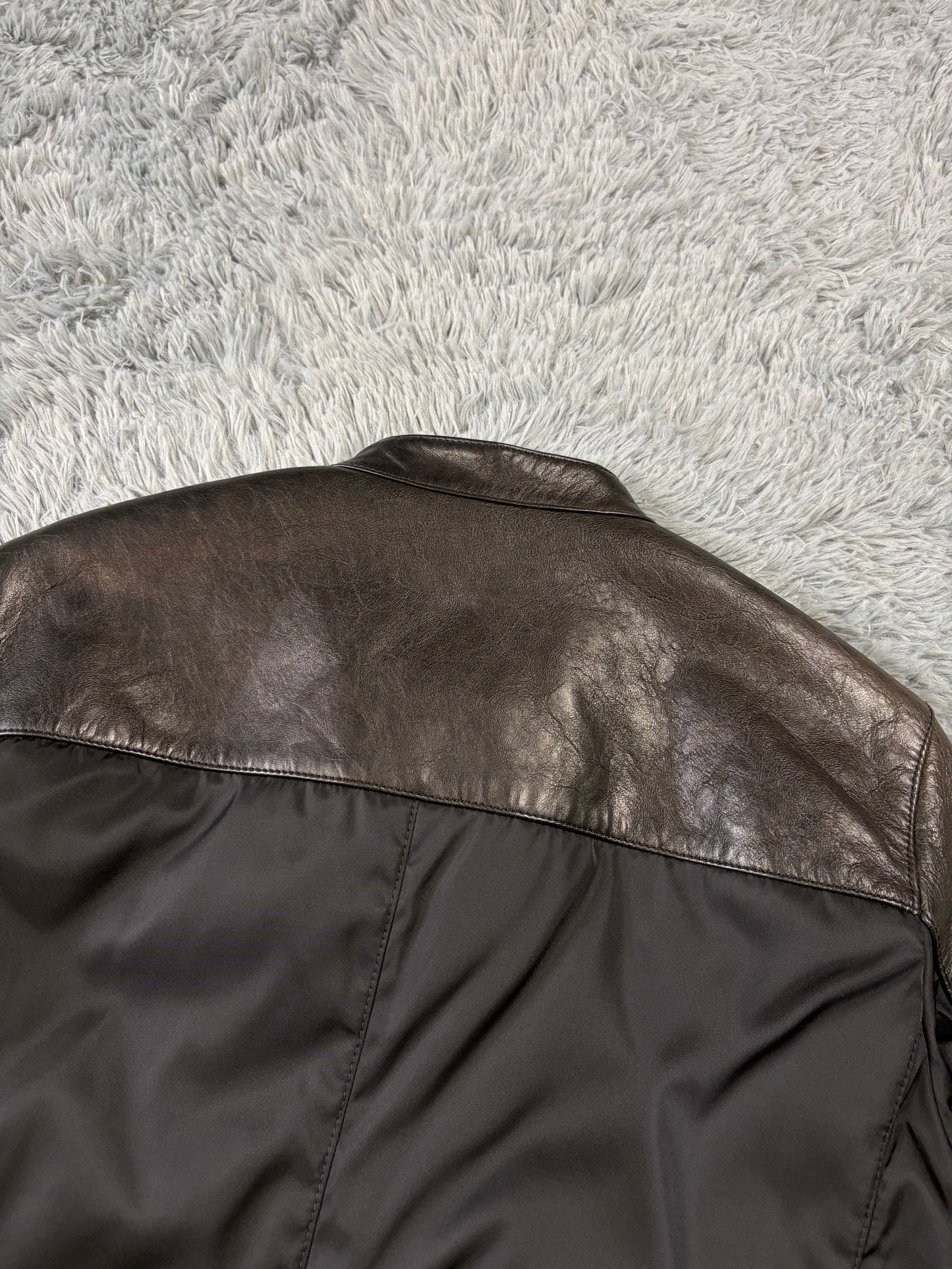 Prada Milano 2011 Gabardine Nylon Leather Hybrid Biker Jacket - S/M | O/S, Black