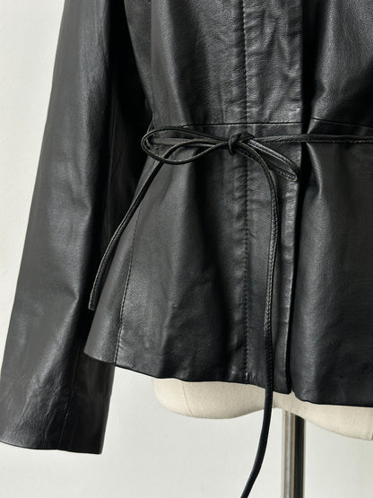 Vintage 2000s Tie Belt High Neck Leather Jacket -