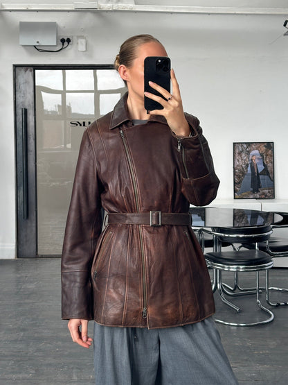 Vintage 1990s Aged Double Zip Belted Leather Jacket - L