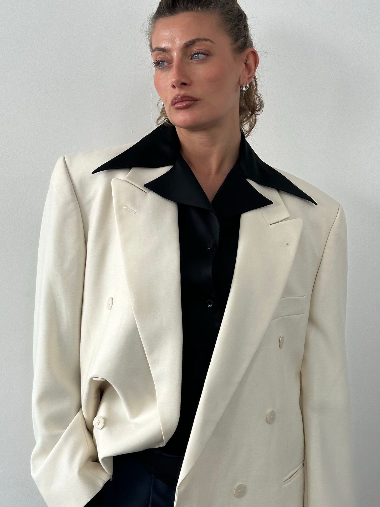 Vintage1990s Pure Wool Double Breasted Tuxedo Blazer - 46R