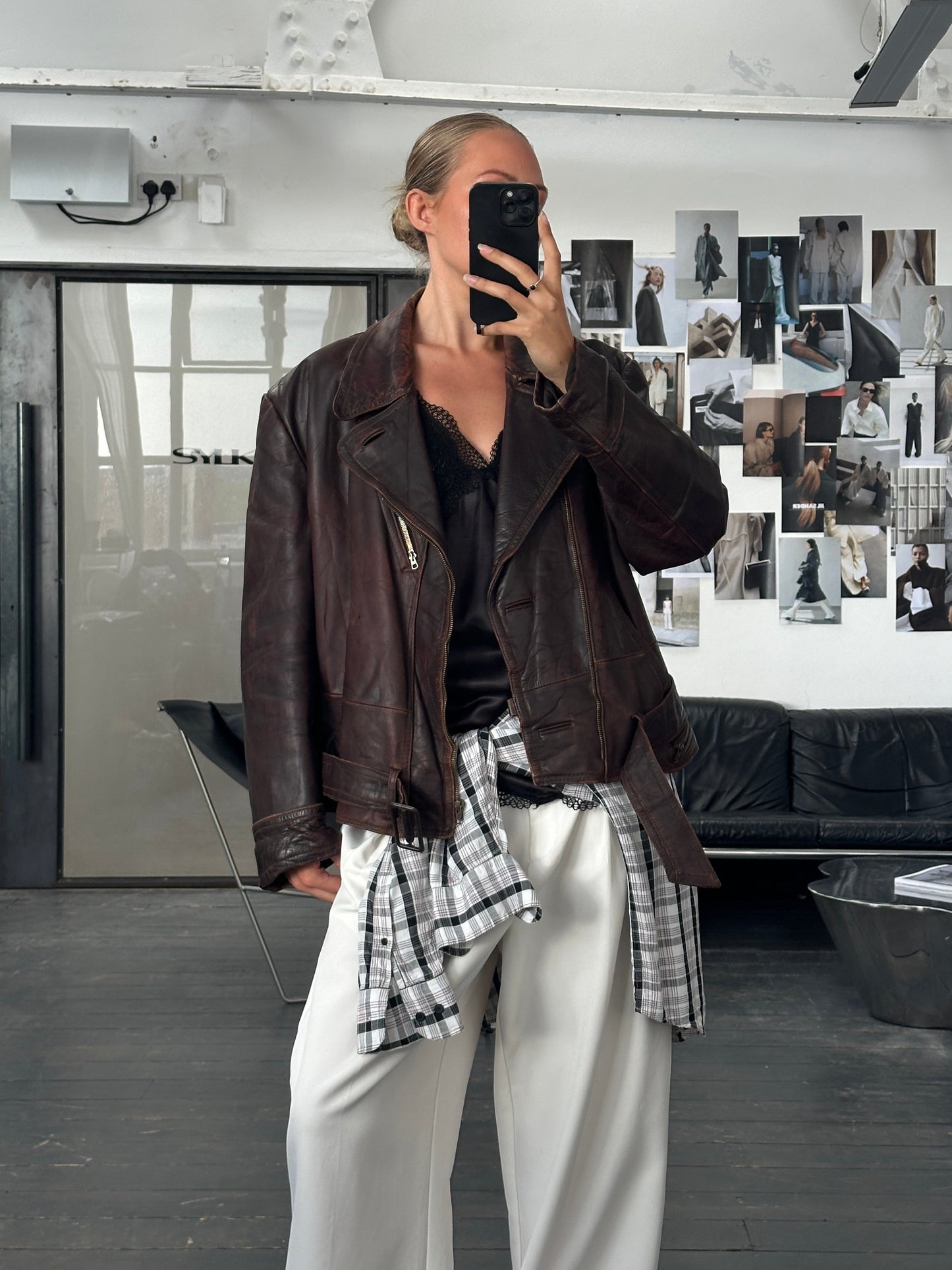 Vintage 1980s Distressed Leather Biker Jacket - L/XL