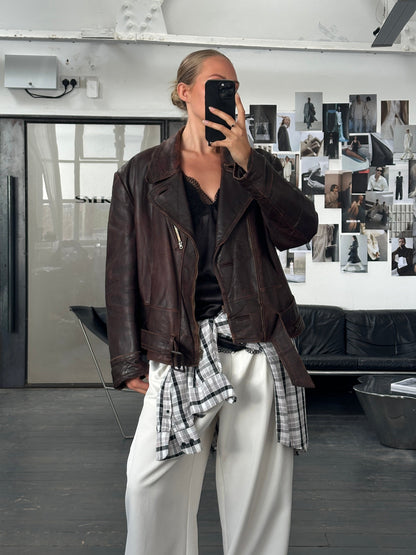 Vintage 1980s Distressed Leather Biker Jacket - L/XL