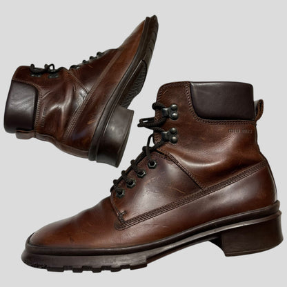 Miu Miu 00’s Padded Leather Embossed Logo Combat Boots - UK8 | DEFAULT TITLE, Brown