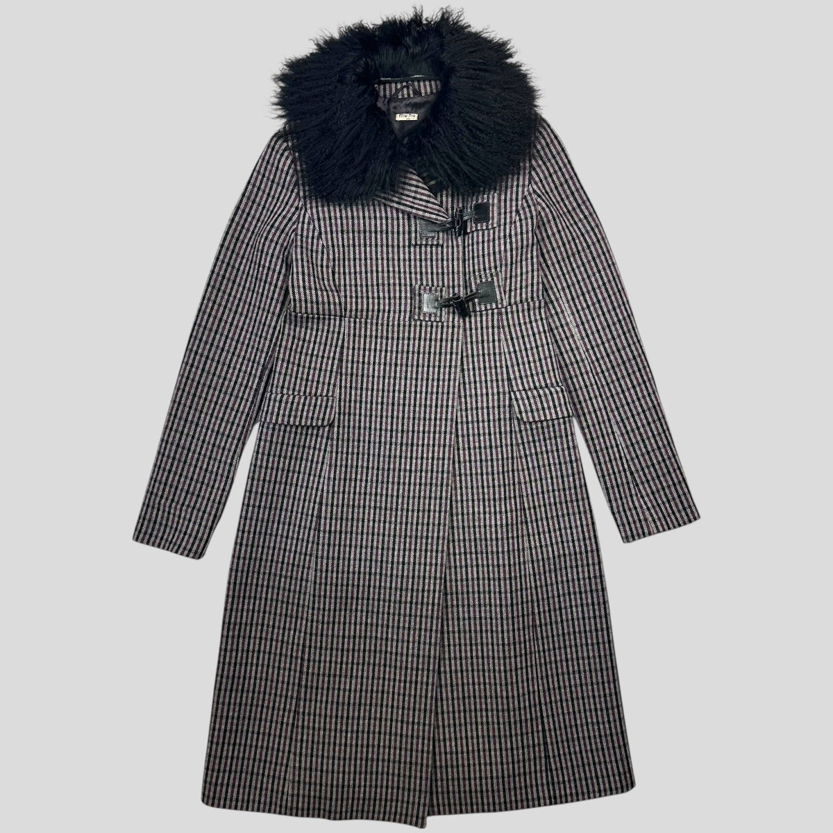 Miu Miu 00’s Virgin Wool + Removable Sheep Fur Plaid Duffle Coat - IT42 | Medium, Purple