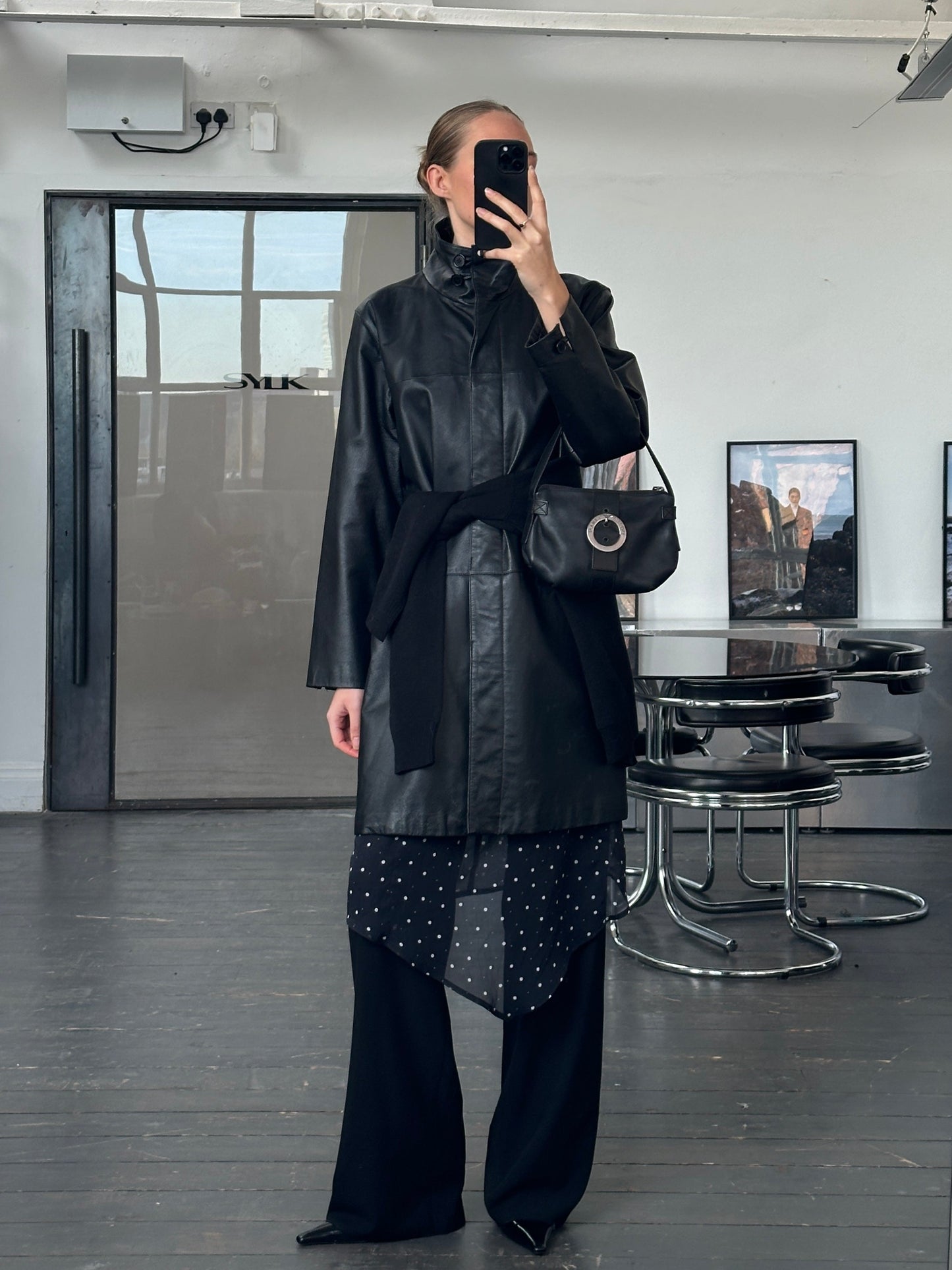 Vintage 2000s High Neck Leather Trench Coat - M