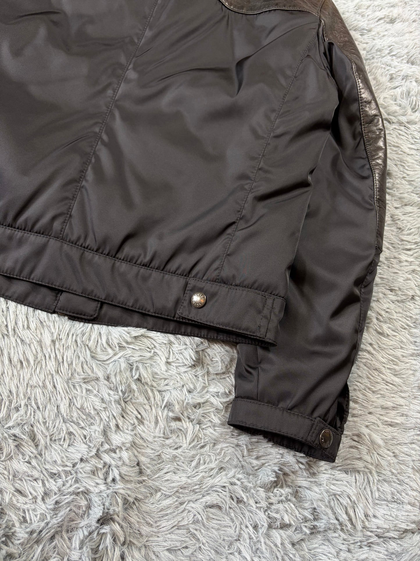 Prada Milano 2011 Gabardine Nylon Leather Hybrid Biker Jacket - S/M | O/S, Black