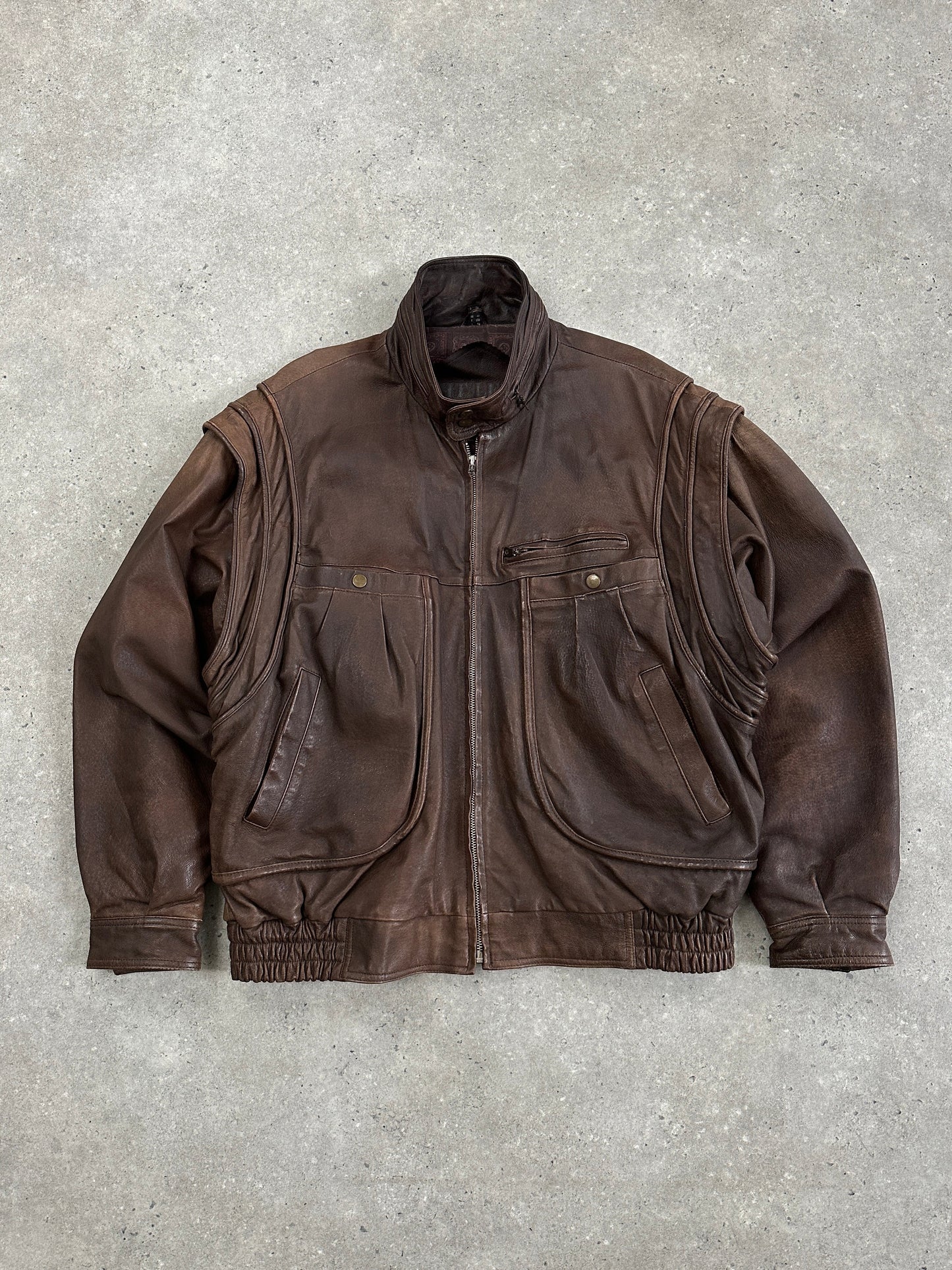 Vintage High Neck Aged Leather Bomber Jacket - L/XL