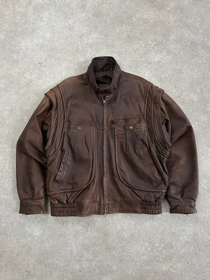 Vintage High Neck Aged Leather Bomber Jacket - L/XL