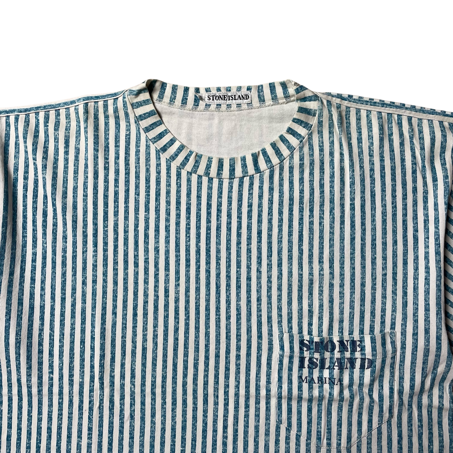 S/S 1984 Aqua Blue & White Vertical Stripe Pocket Spell out T-shirt