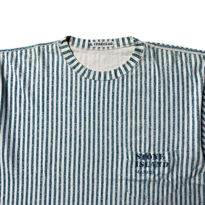 S/S 1984 Aqua Blue & White Vertical Stripe Pocket Spell out T-shirt