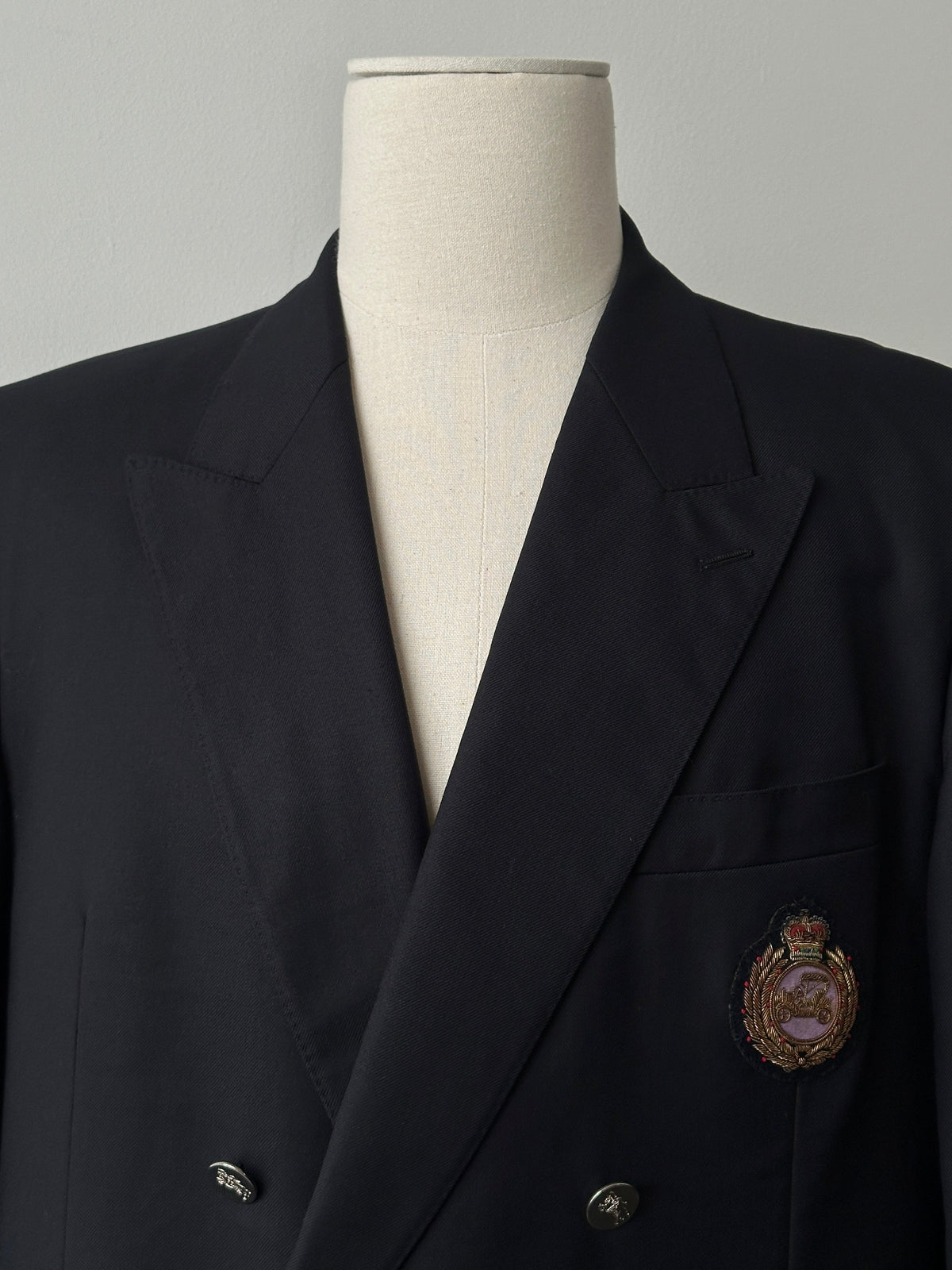 Burberry 1980s pure wool double-breasted blazer with gold buttons, size 46R, classic tailored men's jacket.