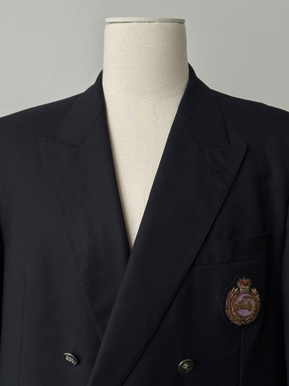 Burberry 1980s pure wool double-breasted blazer with gold buttons, size 46R, classic tailored men's jacket.