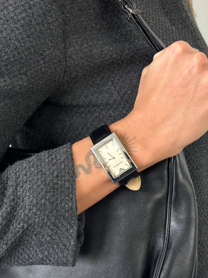 Emporio Armani 2000s Rectangle Stainless Steel Leather Watch