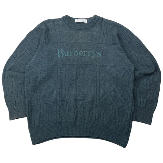 Vintage 90s Burberry Embroidered Wool Knit Jumper Size L | Large, Blue