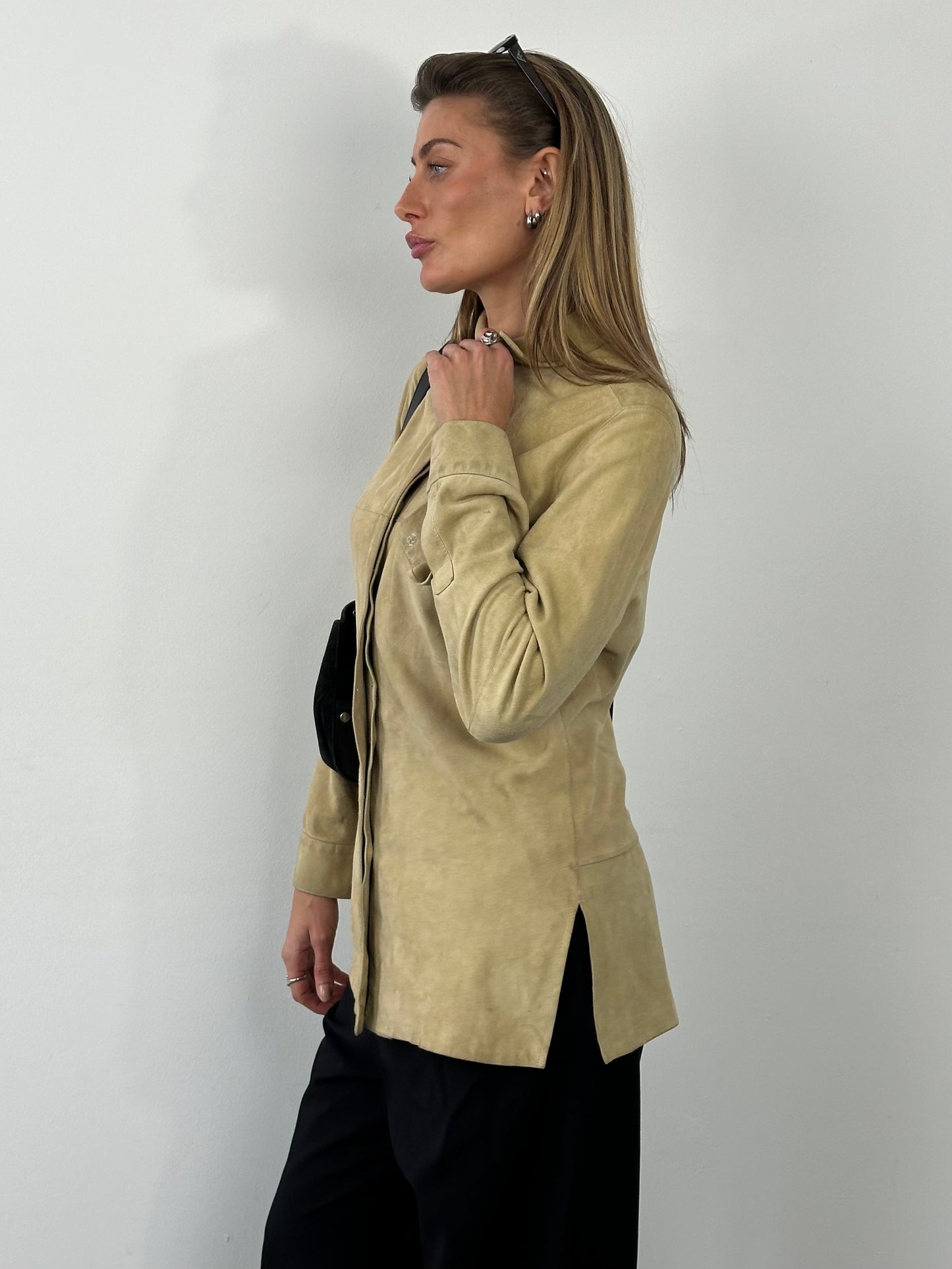 Marella 1990s suede minimal shirt in size M, featuring a sleek design and neutral color, displayed on a hanger.