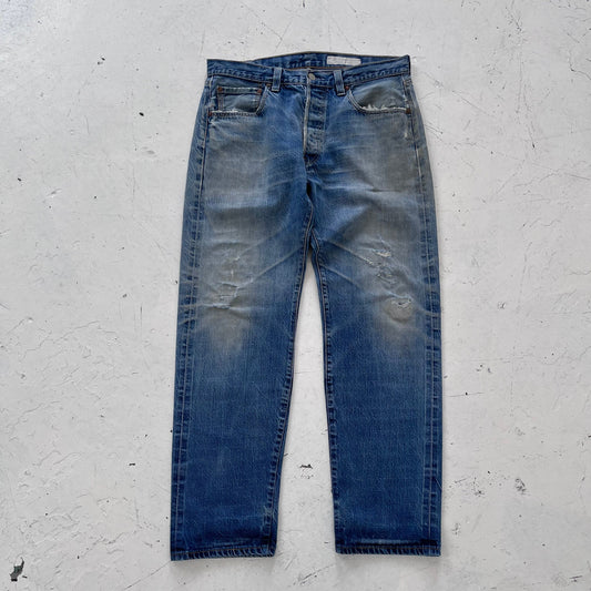 2000s levis 501 limited edition red line selvedge distressed jeans | Blue, Red