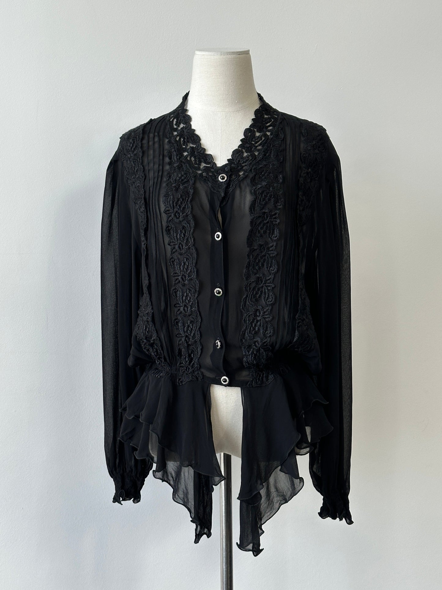 Vintage 1990s Sheer Ruffle Lace Cardigan - M-L