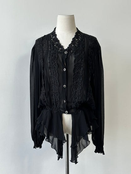 Vintage 1990s Sheer Ruffle Lace Cardigan - M-L