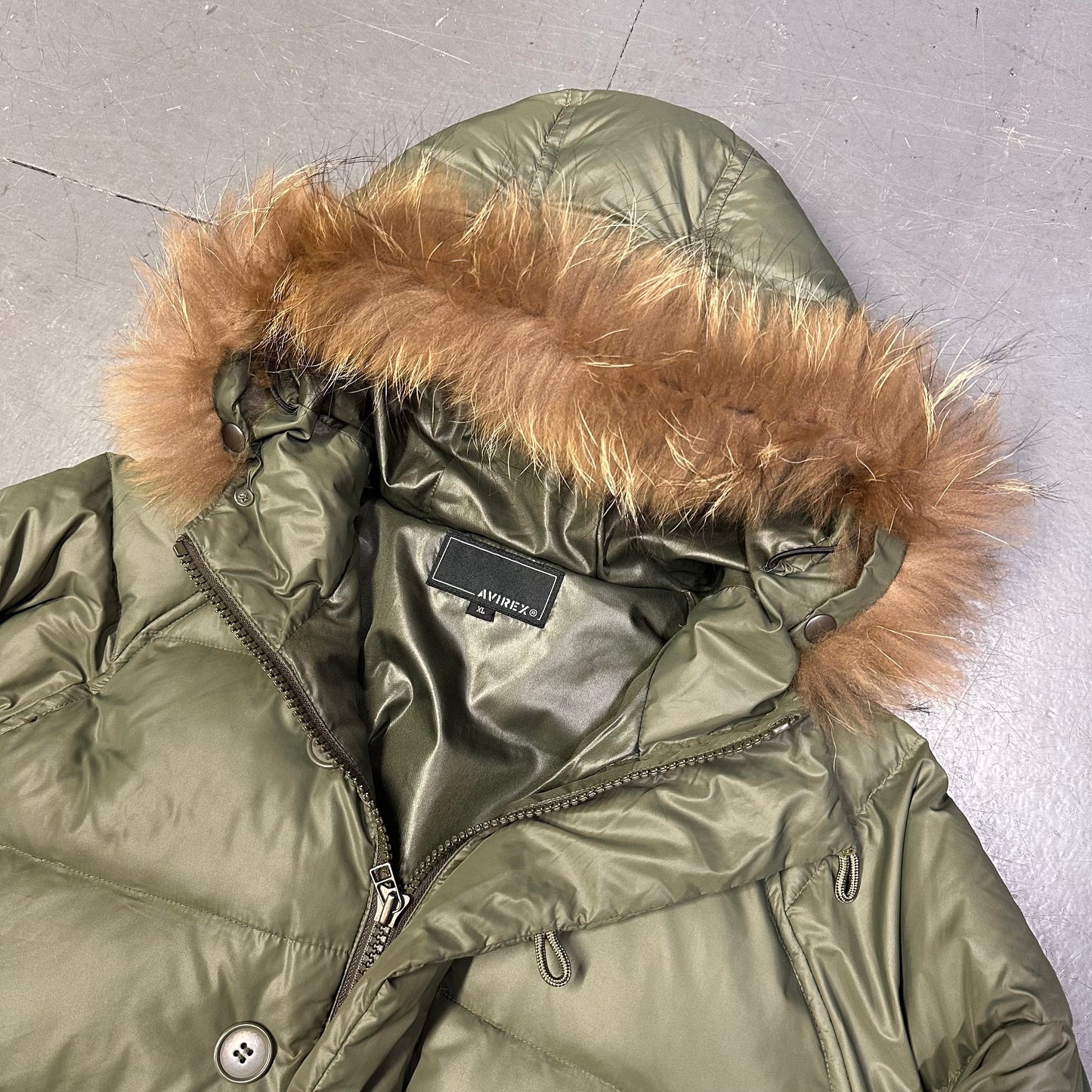 Avirex Puffer Jacket Fur Hood In Olive Green ( XL )
