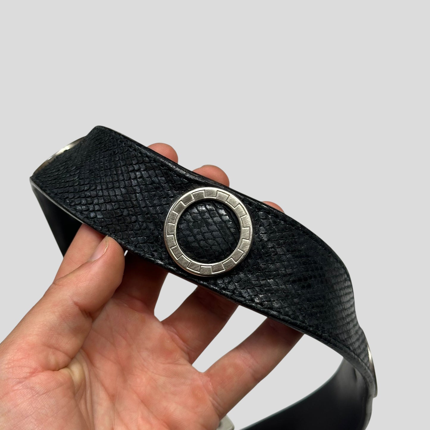 Gianni Versace 90’s Snakeskin Leather Greek Key Belt | O/S, Black